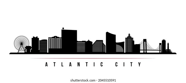 Atlantic city skyline horizontal banner. Black and white silhouette of Atlantic city, New Jersey. Vector template for your design. 