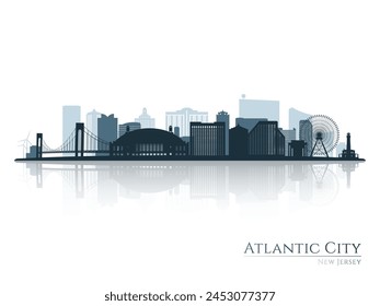 Atlantic city skyline silhouette with reflection. Landscape Atlantic city, New Jersey. Vector illustration.