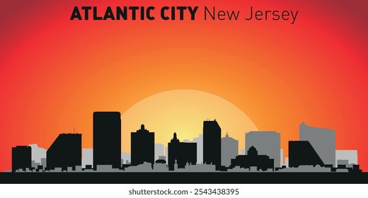 Atlantic city skyline with silhouettes of buildings against the backdrop of a large yellow sun and orange sky. Vector on the background of sunset