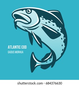 Atlantic Cod fish. Gadus Morhua. Blue outline vector illustration