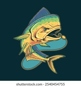 atlantic mahi mahi fishing mascot logo illustration for tshirt design, logo branding, or illustration