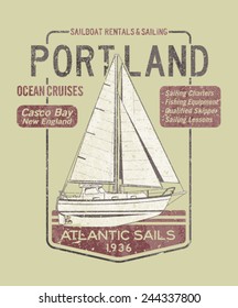 Atlantic ocean sailing. Artwork for T-shirt print in custom colors, grunge effect in separate layers.