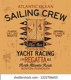 Atlantic ocean sailing crew yacht racing vector print for boy nautical wear grunge effect in separate layer