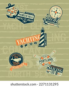 Atlantic Ocean sailing north sea yacht club vintage print for kid boy t shirt with nautical label and badge collection