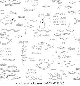 Océano Atlántico, peces de mar (escuela de Pequeños peces sardina, lubina, jurel Atlántico), plantas de agua, faro, fondo del mar, Vector negro contorno doodle conjunto. Patrón sin fisuras con Imágenes y