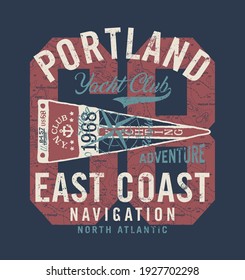 Atlantic ocean yacht club navigation  vector print  for boy man shirt with applique embroidery flag patch