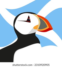 Atlantic puffin head with Scottish flag, flat vector illustration. North fauna, wildlife. Red Book bird.  Arctic shore seabird, ocean coast inhabitants.