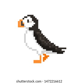 Atlantic puffin, pixel art bird character isolated on white background. 8 bit wildlife seabird logotype. Old school vintage retro slot machine/video game graphics.