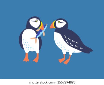 Atlantic Puffins Flat Vector Illustration. North Fauna, Wildlife. Red Book Bird. Seafowl With Fish In Beak. Arctic Shore Seabird, Ocean Coast Inhabitants Isolated On Blue Background.