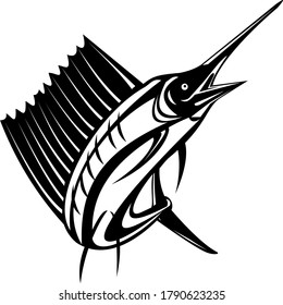 Atlantic Sailfish or Indo-Pacific Sailfish a Billfish Jumping Up Retro Woodcut Black and White