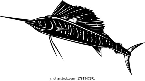 Atlantic Sailfish or Indo-Pacific Sailfish Jumping Up Retro Woodcut Black and White