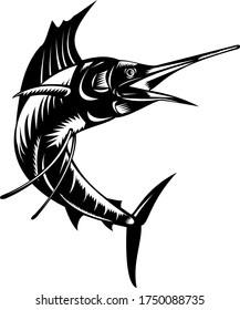 Atlantischer Segelfisch, der von Seitenholz-Schnitt Retro Schwarz-Weiß