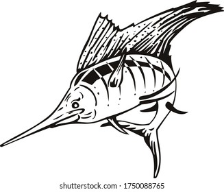 Atlantic Sailfish Jumping Up Woodcut Retro Black and White