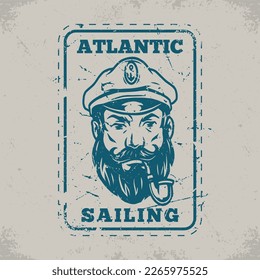 Atlantic sailing vintage emblem monochrome with brutal bearded sailor in cap with anchor smoking pipe with tobacco vector illustration