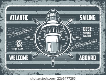 Atlantic sailing vintage flyer monochrome lighthouse and steering wheel from ship for invitation to excursion to nautical museum vector illustration