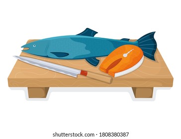 Atlantic salmon fish food concept, fresh humpback foodstuff cartoon style isolated on white, flat vector illustration. Kitchen board with sharp knife, cooking item icon, healthy meal.