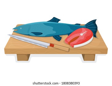 Atlantic salmon fish food concept, fresh humpback foodstuff cartoon style isolated on white, flat vector illustration. Kitchen board with sharp knife, cooking item icon, healthy meal.