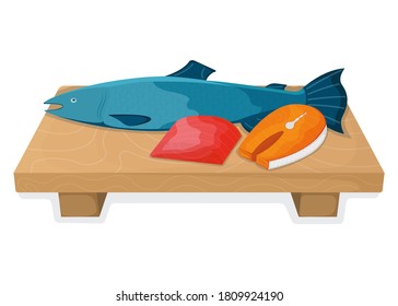 Atlantic salmon fish food concept, fresh humpback foodstuff cartoon style isolated on white, flat vector illustration. Kitchen board with sharp knife, cooking item icon, healthy meal.