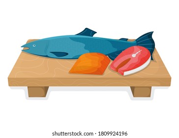 Atlantic salmon fish food concept, fresh humpback foodstuff cartoon style isolated on white, flat vector illustration. Kitchen board with sharp knife, cooking item icon, healthy meal.