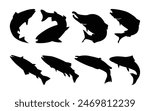  Atlantic salmon fish silhouette collection. Sea animal salmon fish vector illustration set.