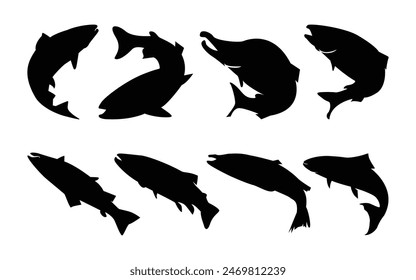  Atlantic salmon fish silhouette collection. Sea animal salmon fish vector illustration set.