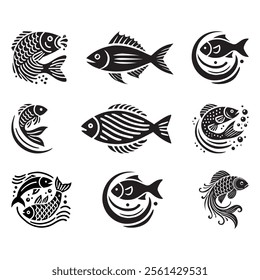 Atlantic salmon fish silhouette collection. Sea animal salmon fish vector illustration set.
