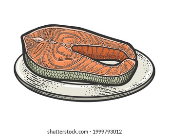 Atlantic salmon fish steak color line art sketch engraving vector illustration. T-shirt apparel print design. Scratch board imitation. Black and white hand drawn image.