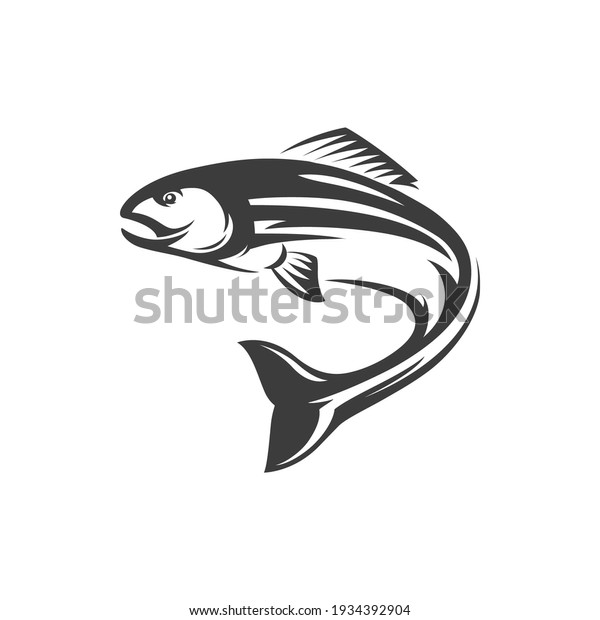 Atlantic salmon ray-finned fish isolated monochrome\
icon. Vector salmon freshwater fish, seafood, marine food, fishery\
sport mascot. Grayling whitefish fishing trophy, underwater animal,\
trout, char