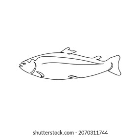 Atlantic salmon, trout, pink salmon continuous line drawing. One line art of predatory fish, seafood, marine animals.