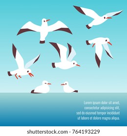 Atlantic seabirds flying background design banner and poster. Vector illustration