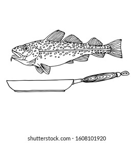 Atlantic spotted cod, commercial fish, sea predator, delicious food, with a frying pan, vector illustration with black contour lines isolated on white background in Doodle and hand drawn style