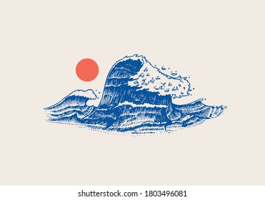 Atlantic tidal waves and red sun. Vintage old engraved hand drawn labels. Marine and nautical or sea, ocean in Japanese style for banner, background or poster. set of Isolated vector illustration.