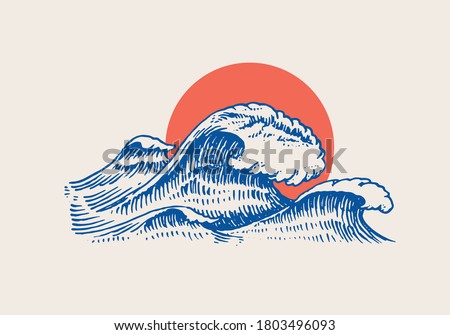 Atlantic tidal waves and red sun. Vintage old engraved hand drawn labels. Marine and nautical or sea, ocean in Japanese style for banner, background or poster. set of Isolated vector illustration.