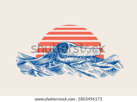 Atlantic tidal waves and red sun. Vintage old engraved hand drawn labels. Marine and nautical or sea, ocean in Japanese style for banner, background or poster. set of Isolated vector illustration.