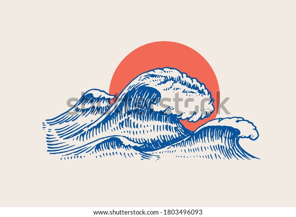 Atlantic tidal waves and red sun. Vintage\
old engraved hand drawn labels. Marine and nautical or sea, ocean\
in Japanese style for banner, background or poster. set of Isolated\
vector illustration.