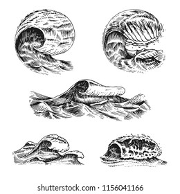 Atlantic tidal waves. Vintage old engraved hand drawn labels. Marine and nautical or sea, ocean background for banner or poster. set of Isolated vector illustration.