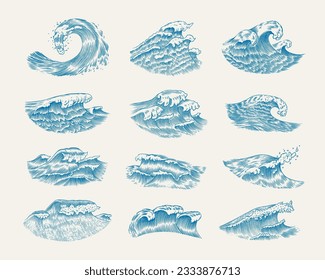 Atlantic tidal waves. Vintage old engraved hand drawn labels. Marine and nautical or sea, ocean background for banner or poster. set of Isolated vector illustration.