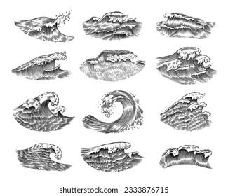 Atlantic tidal waves. Vintage old engraved hand drawn labels. Marine and nautical or sea, ocean background for banner or poster. set of Isolated vector illustration.