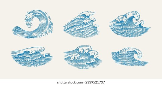 Atlantic tidal waves. Vintage old engraved hand drawn labels. Marine and nautical or sea, ocean background for banner or poster. set of Isolated vector illustration.