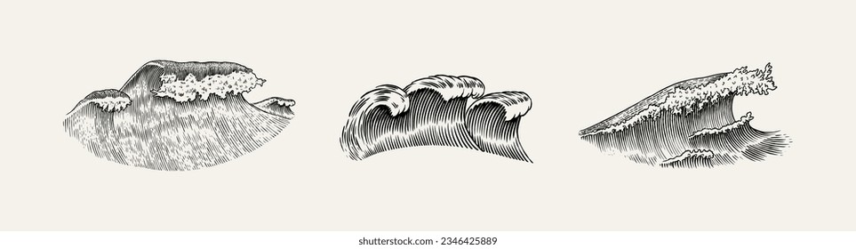 Atlantic tidal waves. Vintage old engraved hand drawn labels. Marine and nautical or sea, ocean background for banner or poster. set of Isolated vector illustration.