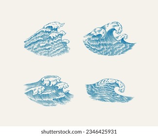 Atlantic tidal waves. Vintage old engraved hand drawn labels. Marine and nautical or sea, ocean background for banner or poster. set of Isolated vector illustration.