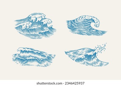 Atlantic tidal waves. Vintage old engraved hand drawn labels. Marine and nautical or sea, ocean background for banner or poster. set of Isolated vector illustration.