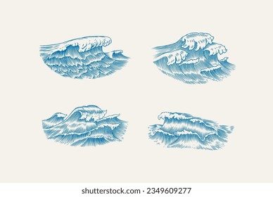 Atlantic tidal waves. Vintage old engraved hand drawn labels. Marine and nautical or sea, ocean background for banner or poster. set of Isolated vector illustration.