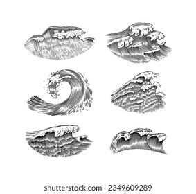 Atlantic tidal waves. Vintage old engraved hand drawn labels. Marine and nautical or sea, ocean background for banner or poster. set of Isolated vector illustration.