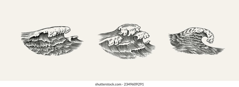 Atlantic tidal waves. Vintage old engraved hand drawn labels. Marine and nautical or sea, ocean background for banner or poster. set of Isolated vector illustration.