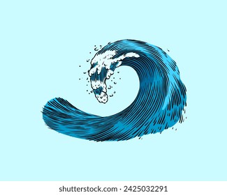 Atlantic tidal waves. Vintage old engraved hand drawn labels. Marine and nautical or sea, ocean in Japanese style for banner, background or poster. Isolated vector illustration.