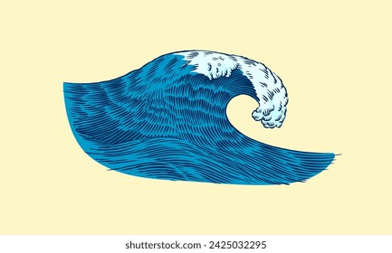 Atlantic tidal waves. Vintage old engraved hand drawn labels. Marine and nautical or sea, ocean in Japanese style for banner, background or poster. Isolated vector illustration.