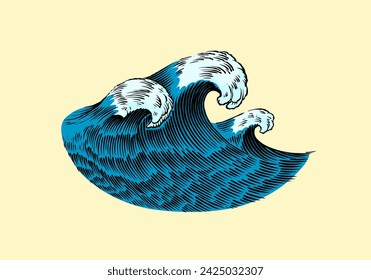 Atlantic tidal waves. Vintage old engraved hand drawn labels. Marine and nautical or sea, ocean in Japanese style for banner, background or poster. Isolated vector illustration.