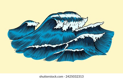 Atlantic tidal waves. Vintage old engraved hand drawn labels. Marine and nautical or sea, ocean in Japanese style for banner, background or poster. Isolated vector illustration.