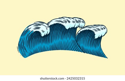 Atlantic tidal waves. Vintage old engraved hand drawn labels. Marine and nautical or sea, ocean in Japanese style for banner, background or poster. Isolated vector illustration.